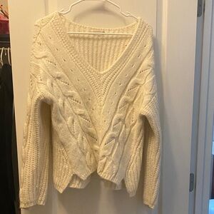 Anthropologie Crop Cream Cable-Knit V-Neck Sweater
